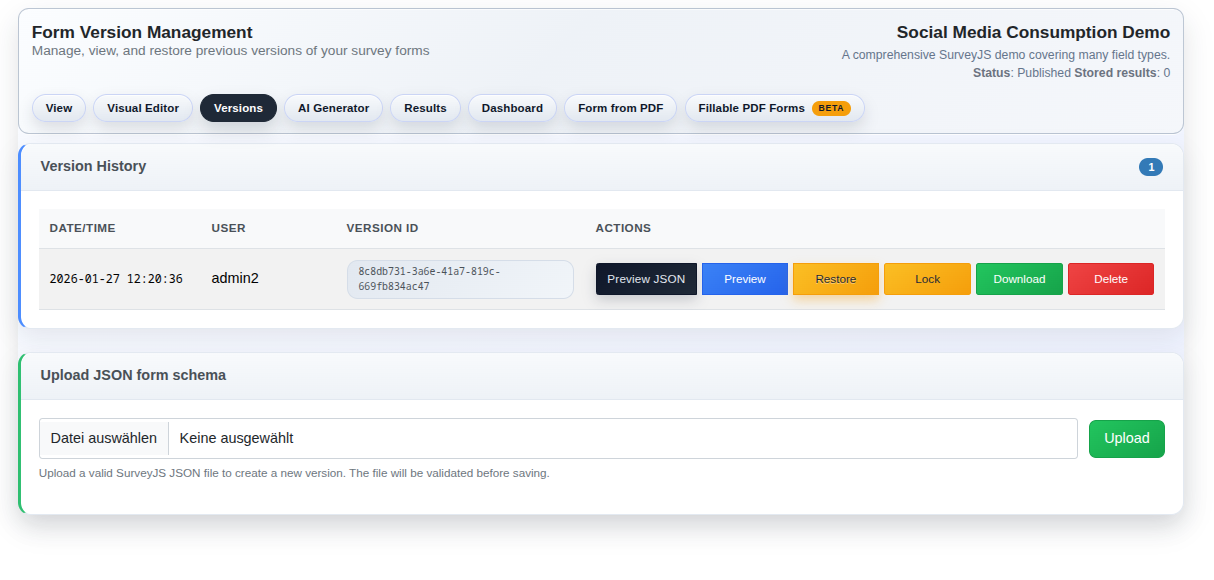 Form version management screenshot